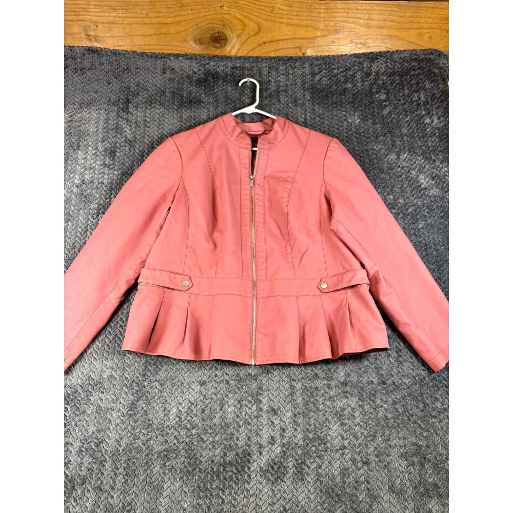 Baccini Peplum Jacket Womens 1X Pink Faux Leather Full Zip Ruffle Hem Moto Chic